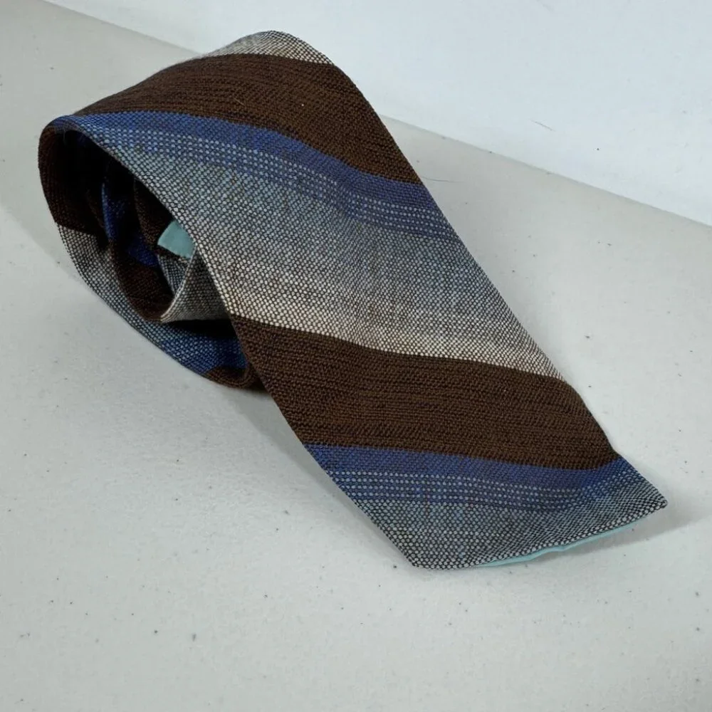 Madawaska Weavers Wool Striped Brown and Blue Men's Tie Vintage Handmade Canada